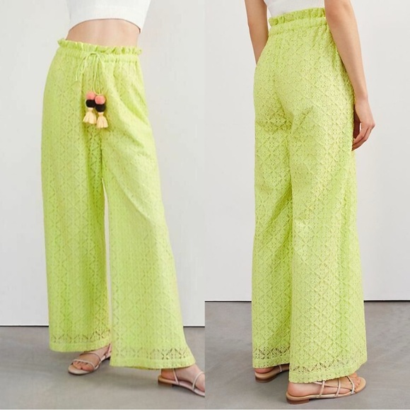 Anthropologie Ollari Lace Wide Leg Pants Chartreuse Lace Pompom Tassel Medium - Picture 1 of 7
